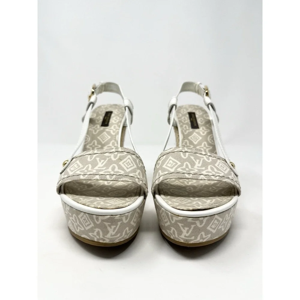 Louis Vuitton Beige Denim Logo Monogram Flat Platform Espadrilles Sandals 37.5